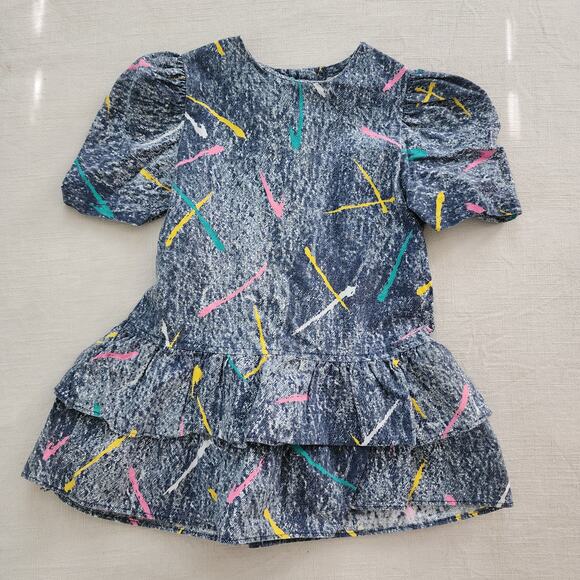 American Vintage Other - Vintage 80s In Style Girls 4T Dress Paint Splatter Drop Waist Ruffle